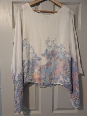 White Floral Watercolor Tunic with Pastel Blue & Pink Accents